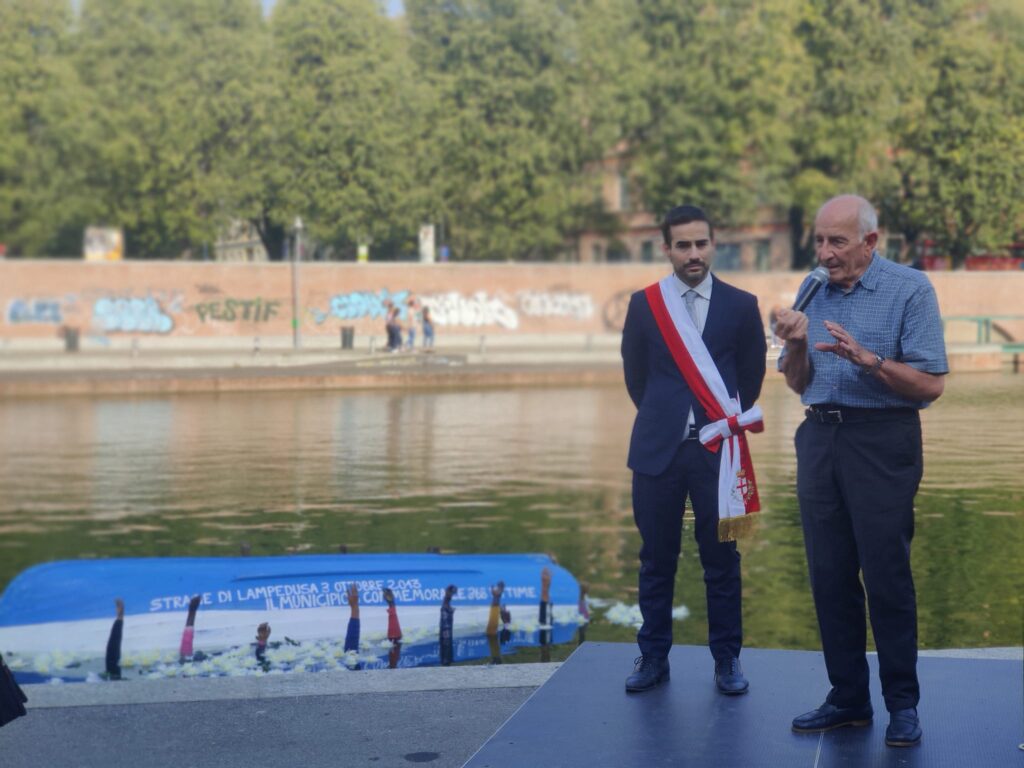 Santo Minniti e Don Gino Rigoldi all'inaugurazione dell'installazione in Darsena