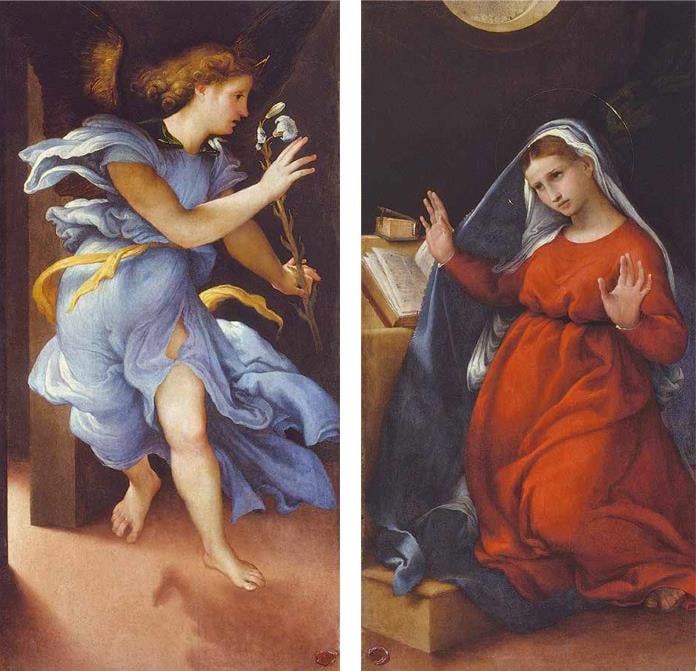 Lorenzo Lotto, Angelo annunciante, Madonna annunciata, 1526, circa olio su tavola, Pinacoteca Comunale, Palazzo Pianetti, Jesi