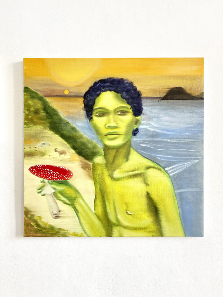 Lula Broglio, Scoglio Galera, 2023 (Olio, pigmenti, cenere vulcanica e rosa canina su tela di cotone, telaio in legno, 50 x 50 cm)