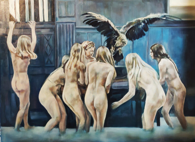 Iva Lulashi, Zeu pater, 2020, olio su tela, 149 x 196 cm, Courtesy the Artist, Collezione Giuseppe Iannaccone, Photo Courtesy Ludovica Mangini