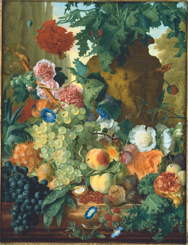 Jan van Huysum, Columns Behind and Fruits, including Grapes, Peaches, and a Pineapple, with Flowers and a Poppy in a Sculpted Vase, a Landscape Behind, 1731-1732, Private Collection