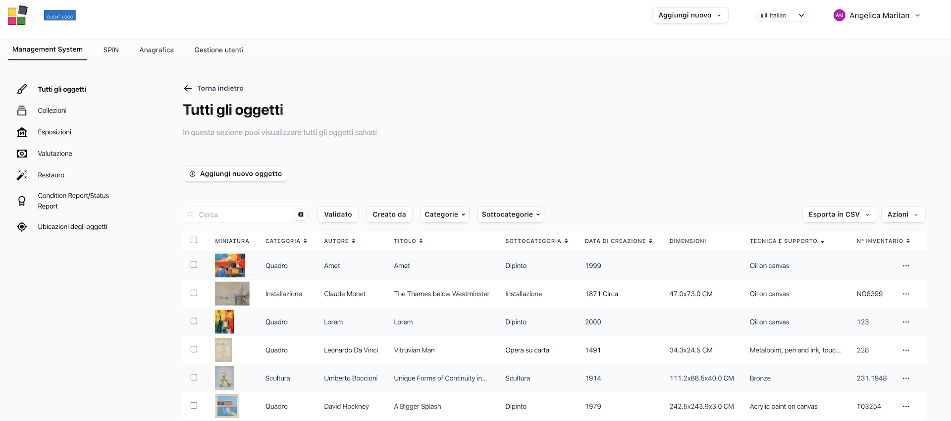 Il Software SpeakART, view del Management System