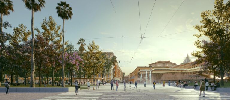 Render dal Piano di fattibilità tecnica economica sviluppato da IT’S (architettura e coordinamento) e Net (ingegneria) per piazza del Risorgimento, Roma