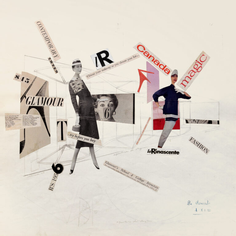 Roberto Sambonet, Bozzetto per l’allestimento della vetrina “Glamour. Apertura di stagione” de La Rinascente, 1956 ca, collage e matita su cartoncino, Milano, Archivio Pittorico Roberto Sambonet