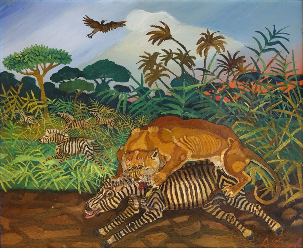 Antonio Ligabue, Leonessa con zebra, 1959 - 1960, olio su tavola di faesite, collezione BPER Banca