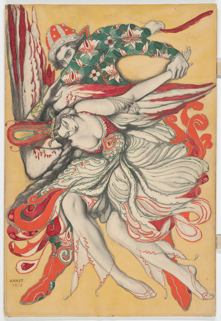 Léon Bakst (1866–1924), “Firebird and the Prince (Tsarevitch),” poster design for Firebird, 1915. Harvard Theatre Collection, Houghton Library, Howard D. Rothschild Collection