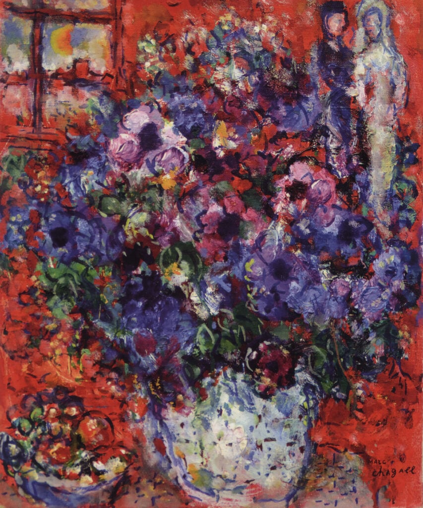 Marc Chagall, Bouquet de fleurs sur fond rouge