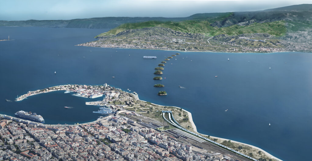 Bird's-eye view of the bridge from Messina Central Station, showing the Calabria coast on the other side. Copyright Angelo Renna