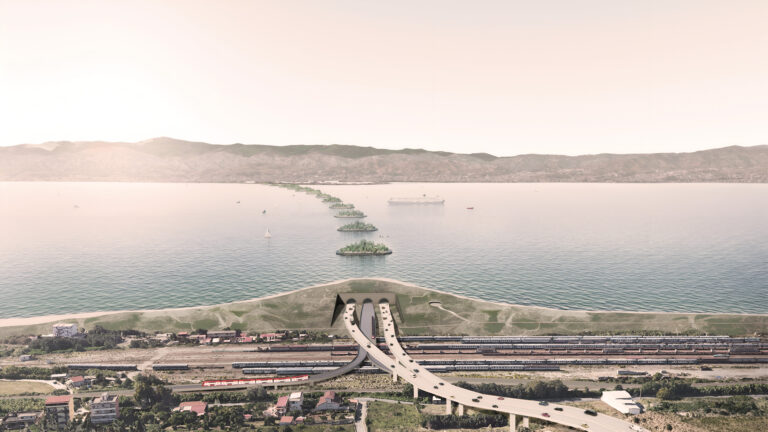 Bird's-eye view of the bridge from the Calabria coast on the other side, showing Sicily Island in the background. Copyright Angelo Renna