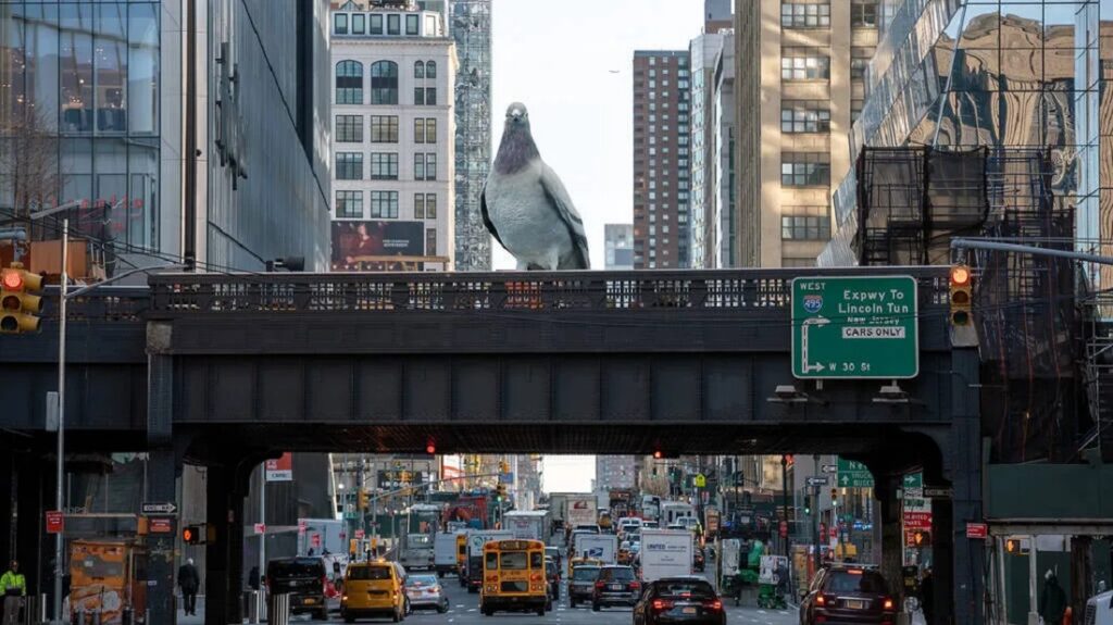 Un piccione gigante nelle strade di New York. Arriva una scultura-satira sull’arte pubblica