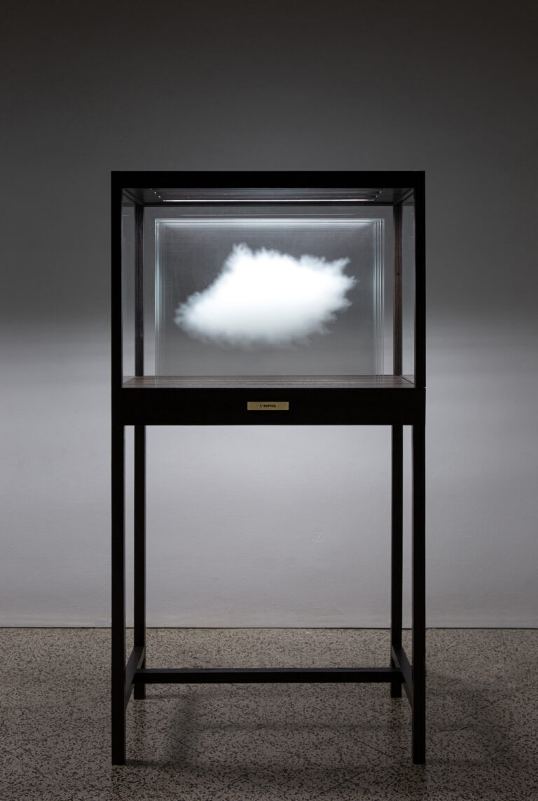 Leandro Erlich, The Cloud - L’Espoir, 2024, Vetro extra chiaro, stampa digitale con inchiostro ceramico, vetrina in legno wengue, luci a LED. Courtesy of the artist and GALLERIA CONTINUA. Photo Duccio Benvenuti - Art Store