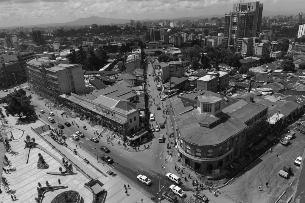 Michael Tsegaye, Aerial view Piazza neighbourhood Addis Abeba, MAXXI L'Aquila, 2024