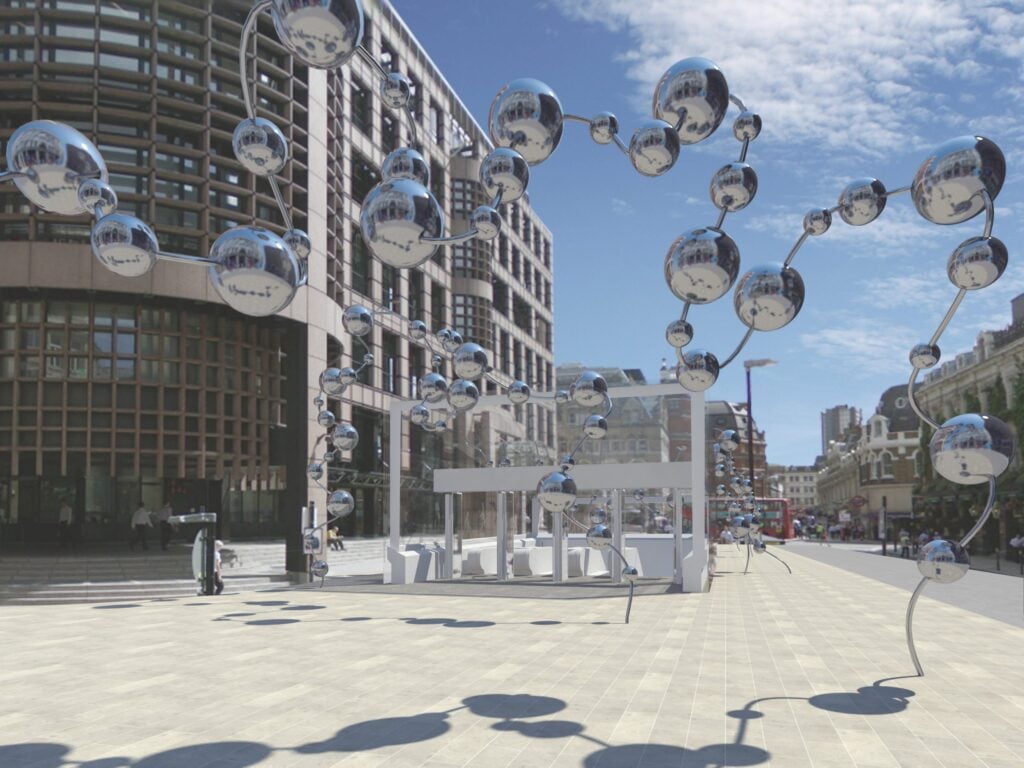 yayoi kusama infinite accumulation 2017 rendering courtesy yayoi kusama L’installazione di Yayoi Kusama per la metro di Londra. A Liverpool Street i suoi pois diventano sfere in acciaio