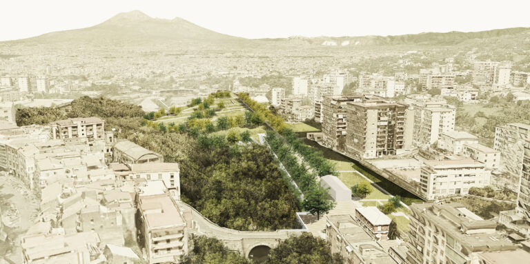 Fotoinserimento del Parco Urbano dall'alto verso il Vesuvio. Courtesy Centola & Associati - Proap