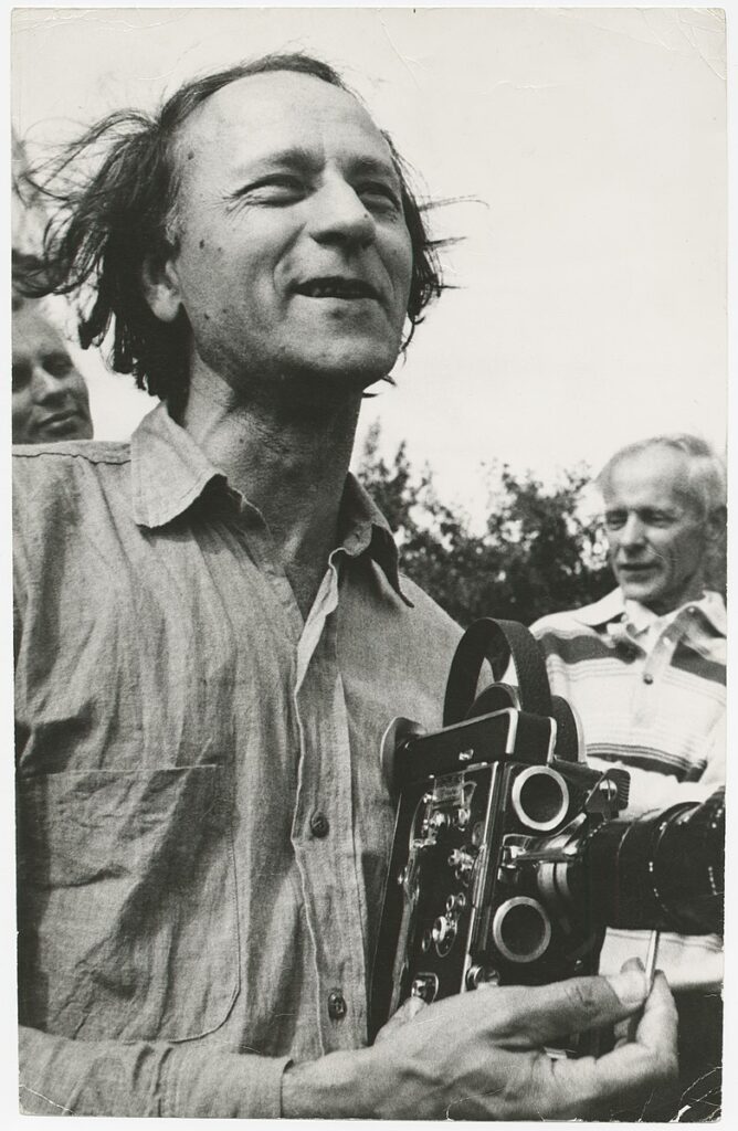 Jonas Mekas, visiting Biržai, Lithuania, 1971.Photographer Viktoras Kapočius. Lithuanian Central State Archives