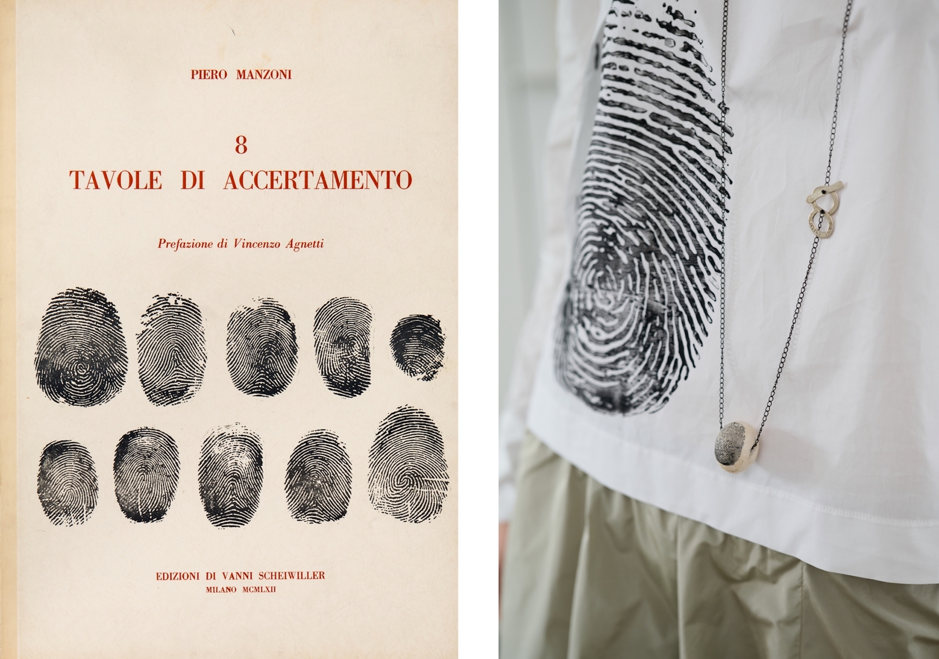 Piero Manzoni, Tavole di accertamento, 1962, Fondazione Piero Manzoni, Milano © Fondazione Piero Manzoni. Photo Agostino Osio - Maria Calderara #TOUCH SS 25, Top cotone impronta timbrata a mano, pant taffetas, collana pallina con impronta e chiusura logo in argento. Photo Lorenzo Morandi
