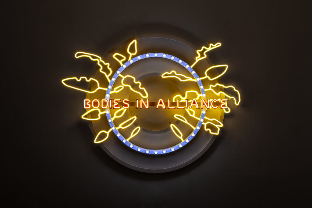 OTP, Marinella Senatore (1977), Bodies in Alliance, 2022, LED bulbs and LED flex on a wooden structure,108 x 139 cm, Courtesy l'artista and Mazzoleni, Torino, London