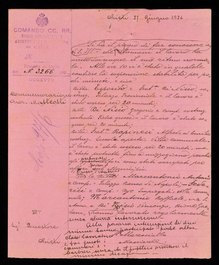 riscontro sulle sospensioni delle attivitai lavorative in commemorazione dellonorevole matteotti lettera inviata dal comando carabinieri reali al questore di chieti 27 giugno 1924 Cosa può fare l’archivistica? A Chieti prova a spiegarlo un convegno su Giacomo Matteotti