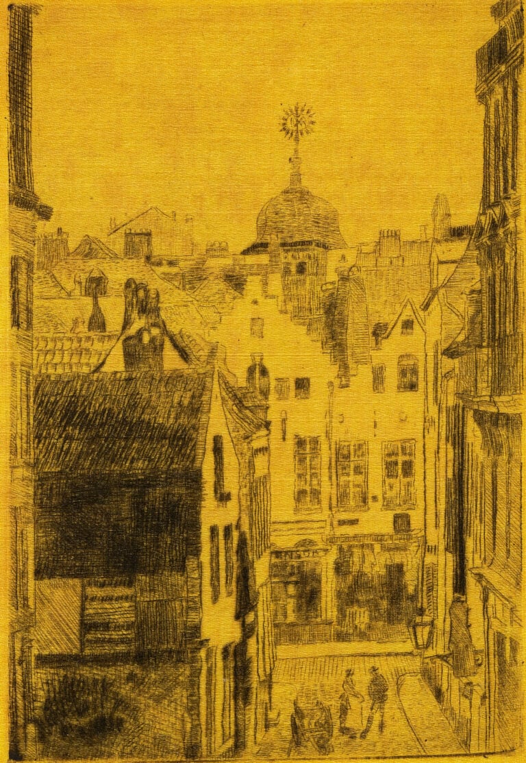 Rue du Bon Secours, Brussels, 1887, drypoint on satin, Collection P.F.