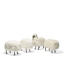 François-Xavier Lalanne (1927-2008) Moutons de laine, wool, ebonised wood and patinated aluminium; on casters. sheep : 35 ½ x 37 3⁄8 x 17 ¾ in. each ottoman : 23 5⁄8 x 30 x 17 ¾ in. Executed in 1969 and1977 © Christie’s Images Ltd 2024