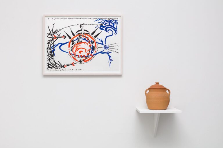 Marjetica Potrč, The Pot Maker Shapes Unity, 2016, drawing ink on paper and clay pot, 56x76 cm, photo by Gerhard Kassner