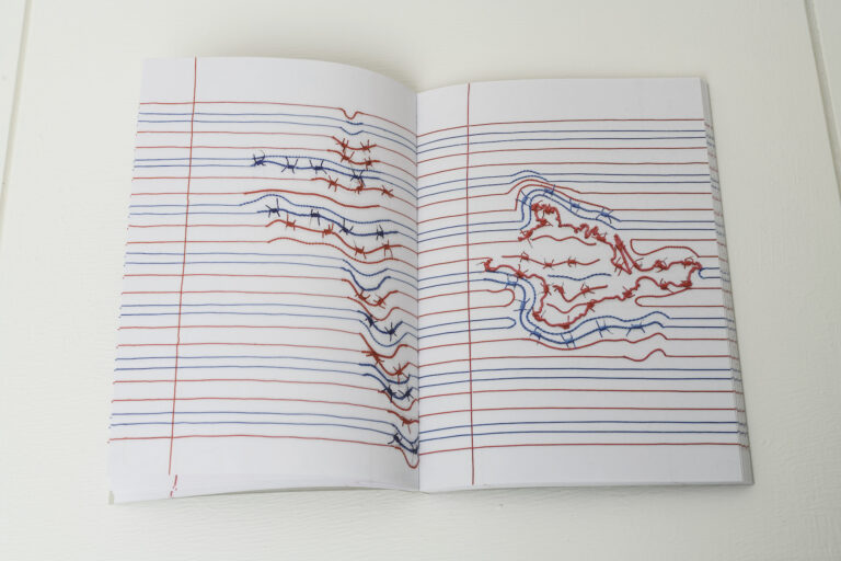 Reena Saini Kallat, Ruled Paper (red, blue, white), 2022, Electric wire on deckle – edge handmade paper. Courtesy of Richard Saltoun Gallery. Copyright of the Artist