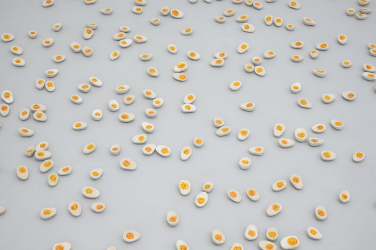 Serena Vestrucci, Ex (eggs), 2024, ceramica smaltata, 250 mezze uova di dimensioni variabili (dettaglio). Courtesy l’artista e Renata Fabbri. Photo Mattia Mognetti