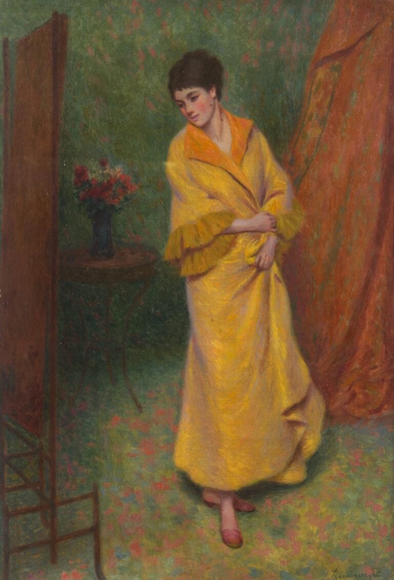 Federico Zandomeneghi, Fémme devant une psyché (La vestaglia nuova/ La vestaglia gialla), 1900 ca., olio su tela, Studio d’Arte Nicoletta Colombo, Milano