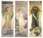 A selection of colour lithographs by Alphonse Mucha for Sarah Bernhard’s theatre productions (from left to right: Gismonda, 1894; La Dame aux Camélias, 1896; and Médée, 1898), © Mucha Trust 2024