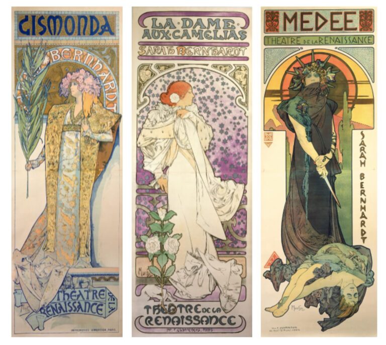 A selection of colour lithographs by Alphonse Mucha for Sarah Bernhard’s theatre productions (from left to right: Gismonda, 1894; La Dame aux Camélias, 1896; and Médée, 1898), © Mucha Trust 2024