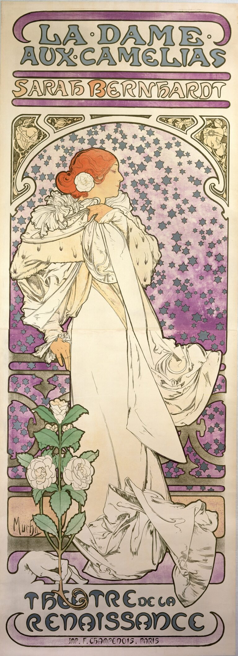 Alphonse Mucha, La Dame aux Camélias, 1896, Colour lithograph, 207.3 × 76.2 cm, © Mucha Trust 2024