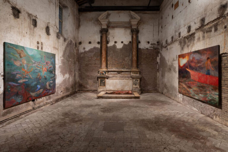 Jill Mulleady, Fiamma Rossa, installation view at Sant'Andrea de Scaphis, Roma, 2024. Photo Daniele Molajoli