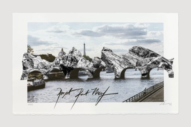 JR, Projet Pont-Neuf, Edition 2024, Limited edition of 50 numbered and signed copies. Color lithograph produced on Marinoni printing press, hand-made collage, and charcoal, 25.5 x 41 cm (10 x 16⅛ in)