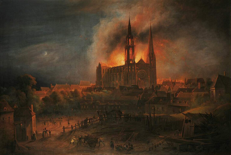 François Pernot, L’incendio della cattedrale di Chartres nel 1836, 1837, olio su tela, cm 178×260