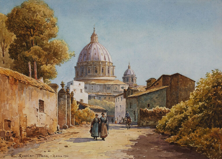 Ettore Roesler Franz, Strada romana con vista sulla cupola di San Pietro, 1901, acquerello su carta, cm 20 x 30.7, Collezione privata