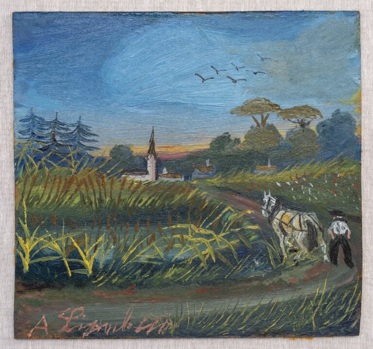 Antonio Ligabue, Paesaggio contadino con cavallo e uccelli, 1955-56, Olio su faesite, 28 x 30 cm Luogo di conservazione BCC EmilBanca – Sede amministrativa, via Trattati Comunitari Europei 19, Bologna (BO)