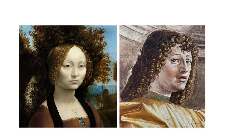 A sinistra, Leonardo, Ritratto di Ginevra Benci. A destra Bramante, l'affresco con l'Uomo illustre, Pinacoteca di Brera