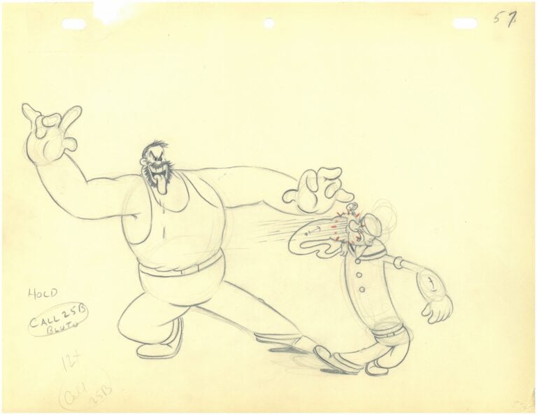 Popeye Sequence of Original Production Drawings Featuring Popeye and Bluto by Fleischer Studios’ staff animators (c. 1940s). Courtesy of The Mark and Susan Fliescher Collection