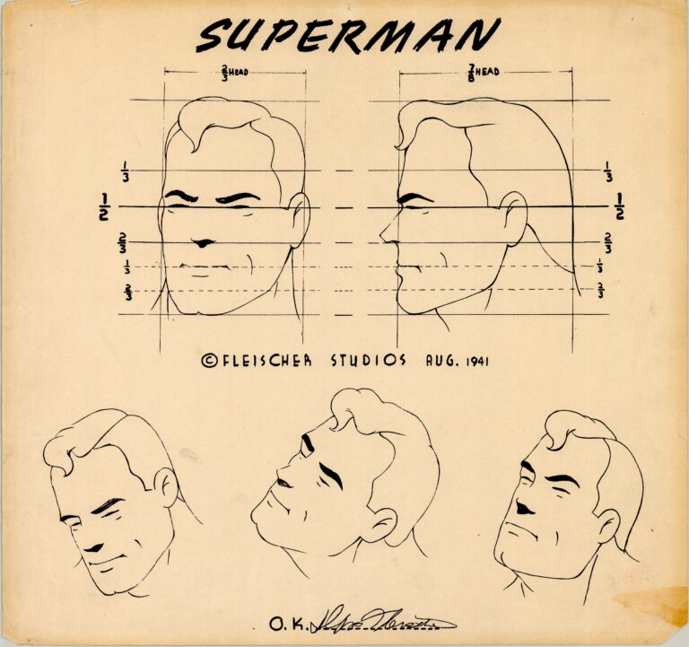 Face of Superman Studio Model Sheet for Superman Cartoon Series by Fleischer Studios’ staff animators (1941). Courtesy of The Mark and Susan Fliescher Collection