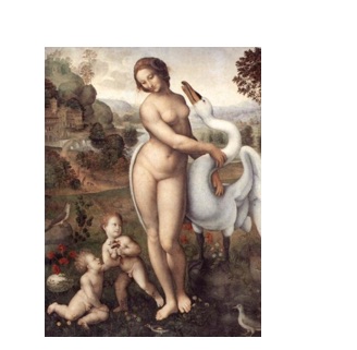 Leda col Cigno. L’esame radiografico del dipinto mostra la presenza di quattro putti come nell’originale di Fontainebleau di Leonardo. E’ verosimile che Leonardo abbia fatto il disegno preparatorio per il suo allievo