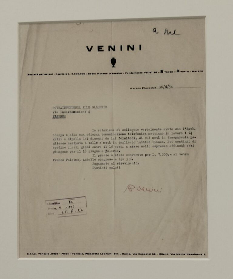 lettera della ditta di murano venini preventivo dacquisto di 24 lampade disegnate da carlo scarpa per il museo abatellis I 70 anni dell’allestimento del grande Carlo Scarpa a Palazzo Abatellis di Palermo