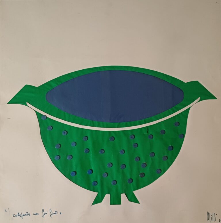 Milli Gandini, La mamma è uscita (colapasta con fori finti verde), tecnica mista, cm. 69x68, 1975