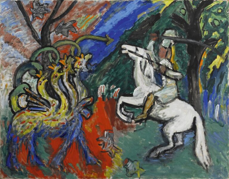 Gabriele Münter Lucha contra el dragón, 1913 (Dragon Fight) Óleo sobre lienzo. 78 × 100 cm Centre Pompidou, París, Musée national d’art moderne/Centre de création industrielle, donación de la Société Kandinsky, 2015