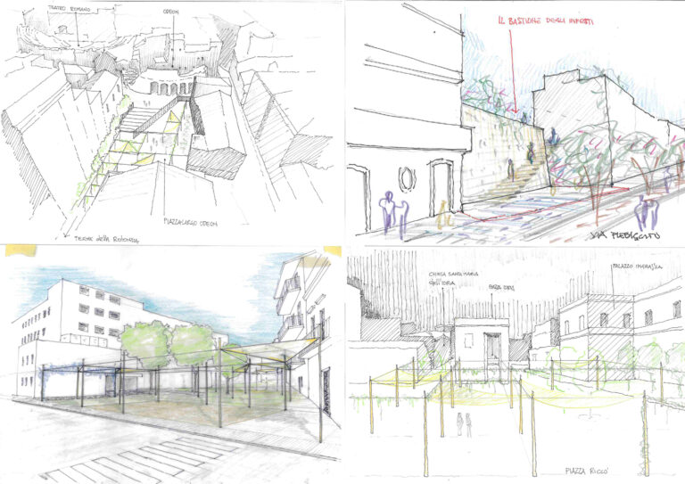 Catania, Antico Corso. Schizzi di progetto. In alto da sinistra verso destra: ripensamento del collegamento tra le Terme della Rotonda e l’Odeon; Accesso da Via Plebiscito al Bastione degli Infetti. In basso da sinistra verso destra: ripensamento dello spazio pubblico di fronte all’Ex Ospedale Santo Bambino; riqualificazione delle piazze Riccò e dell’Itria. Courtesy IN/Arch