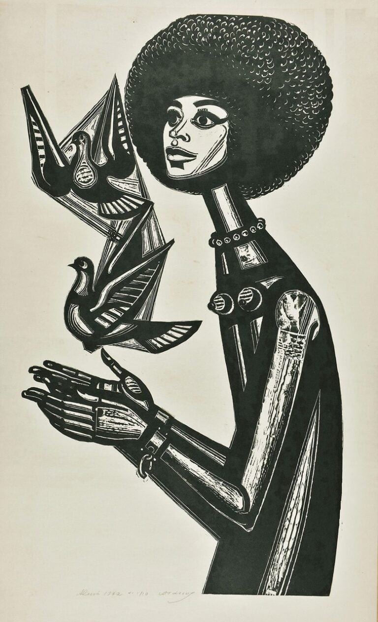 Tassos (Alevizos Anastasios) (1914 - 1985). Angela Davis, 1972. Xilografia, 95 x 53 cm. Donato da A. Tassos e Loukia Maggiorou. DEMOCRAZIA, Museo Nazionale Atene