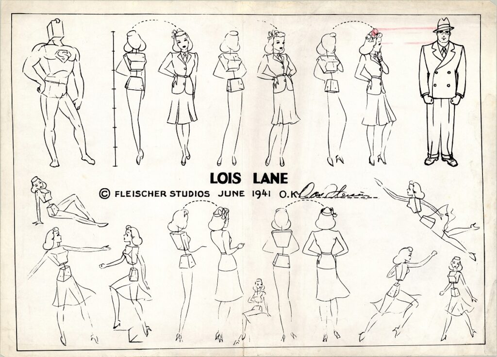 Lois Lane Studio Model Sheet for Superman Cartoon Series by Fleischer Studios’ staff animators (1941). Courtesy of The Mark and Susan Fliescher Collection