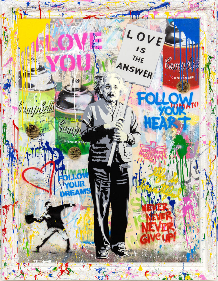 Mr Brainwash, Einstein, 2022, Mixed media on canvas panel, Unique work, credits Deodato Arte Gallery