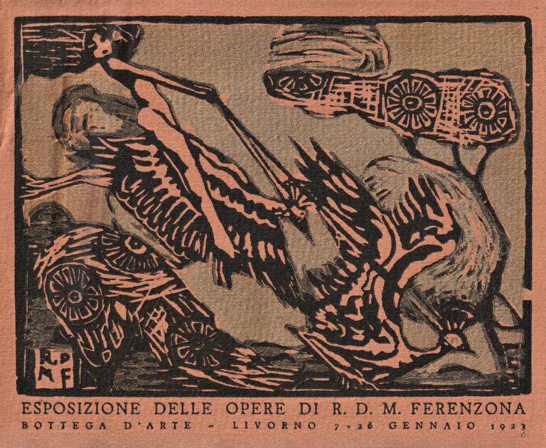 Raoul Dal Molin Ferenzona, Invito per Esposizione delle opere di R.D.M. Ferenzona, “Bottega d’arte”, Livorno, 7-26 gennaio 1923, 1923, xilografia in nero e oro, 100 x 138 mm, collezione privata. Courtesy Emanuele Bardazzi