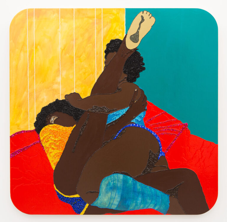 Mickalene Thomas (b.1971, Camden, USA), Never Change Lovers in the Middle of the Night (2006), Rhinestones, acrylic, and enamel on wood panel, Courtesy of Jorge M. Pérez Collection, Miami, © ARS, NY and DACS, London 2022