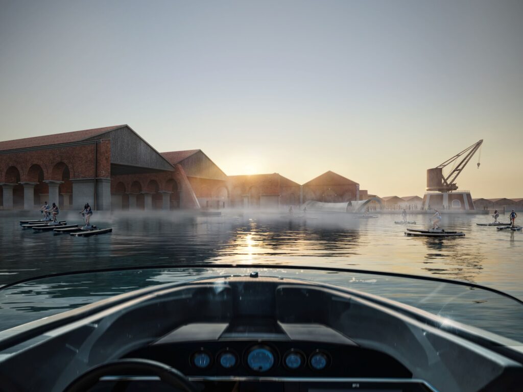 Gateway to Venice’s Waterways, 2024, Water View. View from the water of the mobility hub infrastructure, showcasing the lagoon activation. ©NormanFosterFoundation